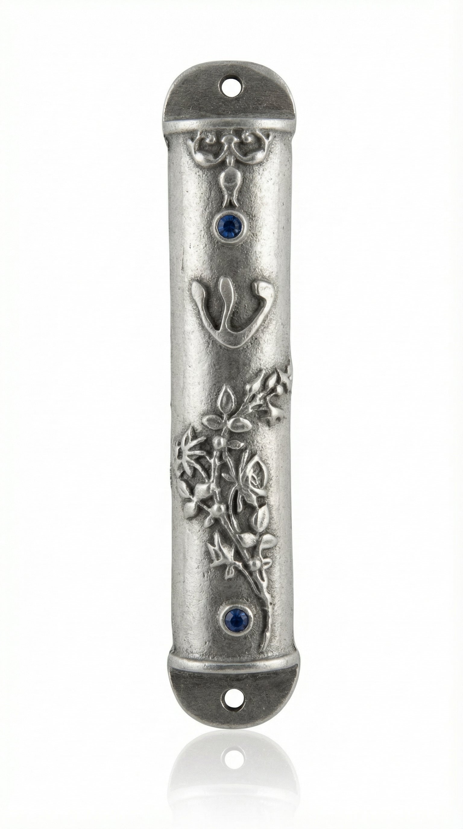 Wildflowers mezuzah with sky blue accents, detailed floral carvings, and Hebrew inscriptions, displayed on a white studio background with soft reflection.