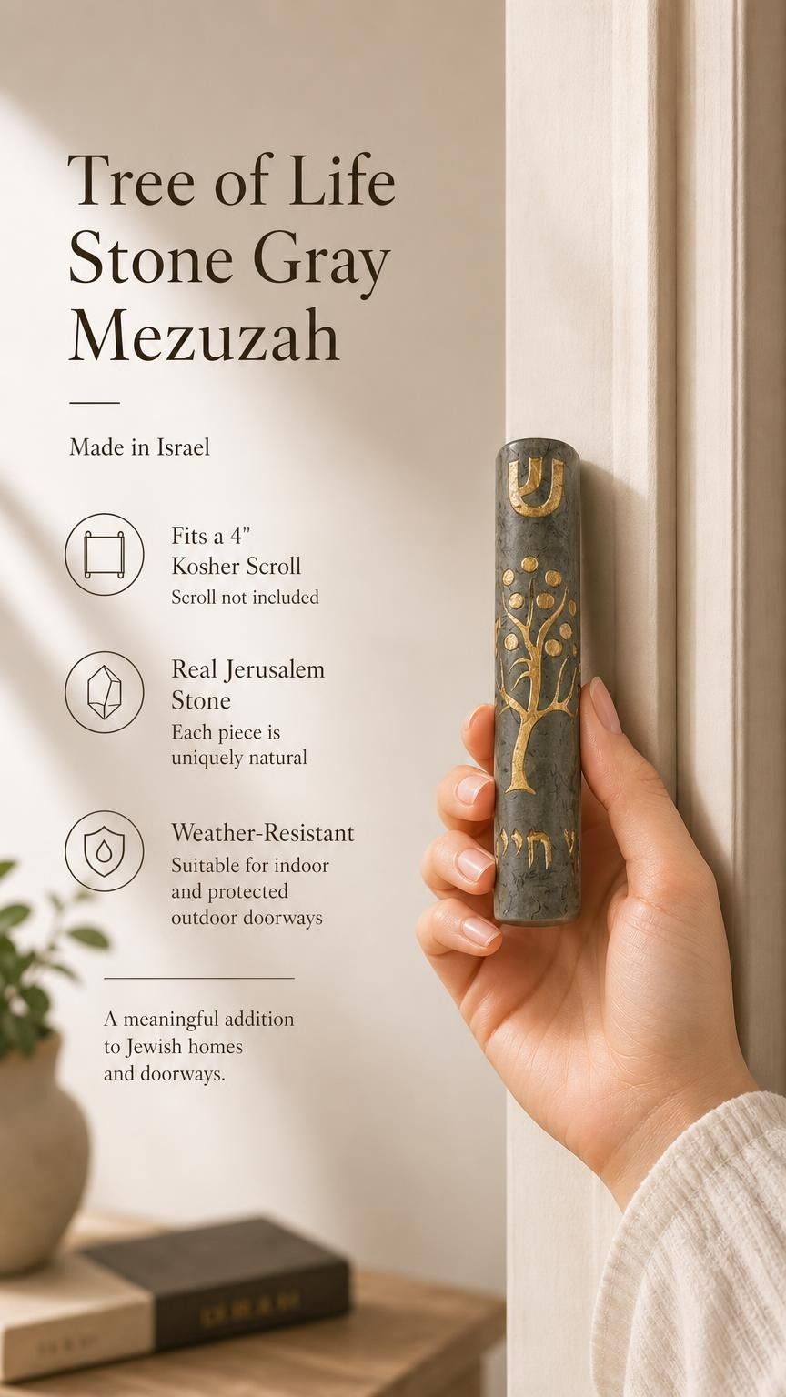 Person holding the exact source Jerusalem stone Tree of Life Gray mezuzah, showcasing its craftsmanship and materials in a natural setting for a premium product feature.