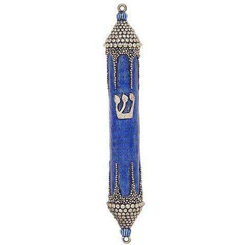 Designer Mezuzah - Pewter with Blue Enamel