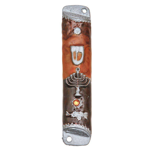 Fiery Menorah Pewter Mezuzah