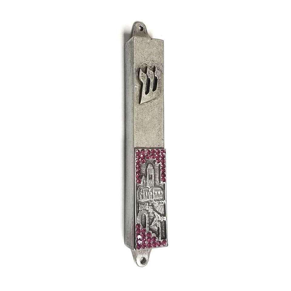 Jerusalem Mezuzah - with Pink Stones