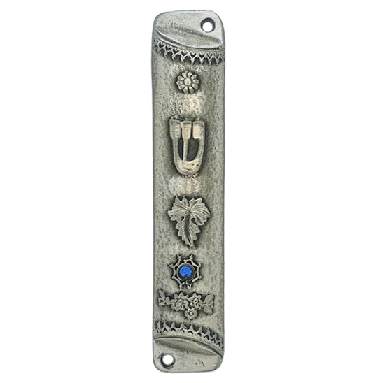 Square Mezuzah -Pewter and Blue Stone