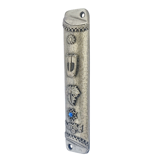 Square Mezuzah -Pewter and Blue Stone