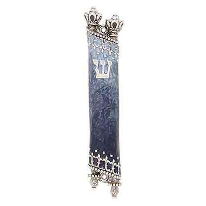 Torah Scroll Mezuzah - Pewter with Blue and White Enamel